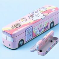 School Bus Theam Pencil Box Cartoon Art Metal Pencil Box  (Set of 1, Pink)