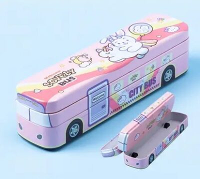 School Bus Theam Pencil Box Cartoon Art Metal Pencil Box  (Set of 1, Pink)